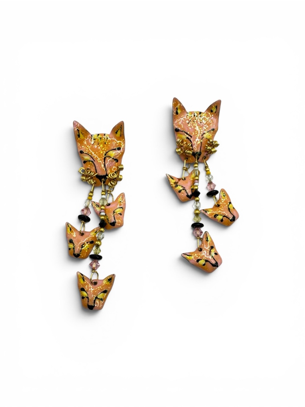 Vintage 1987 Signed Lunch At The Ritz Pink Cat Enamel Dangle Drop Earrings 3.5”